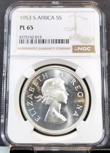 1953 SOUTH AFRICA SILVER 5 SHILLINGS SPRINGBOK NGC PL 65 SCARCE GEM PROOF LIKE