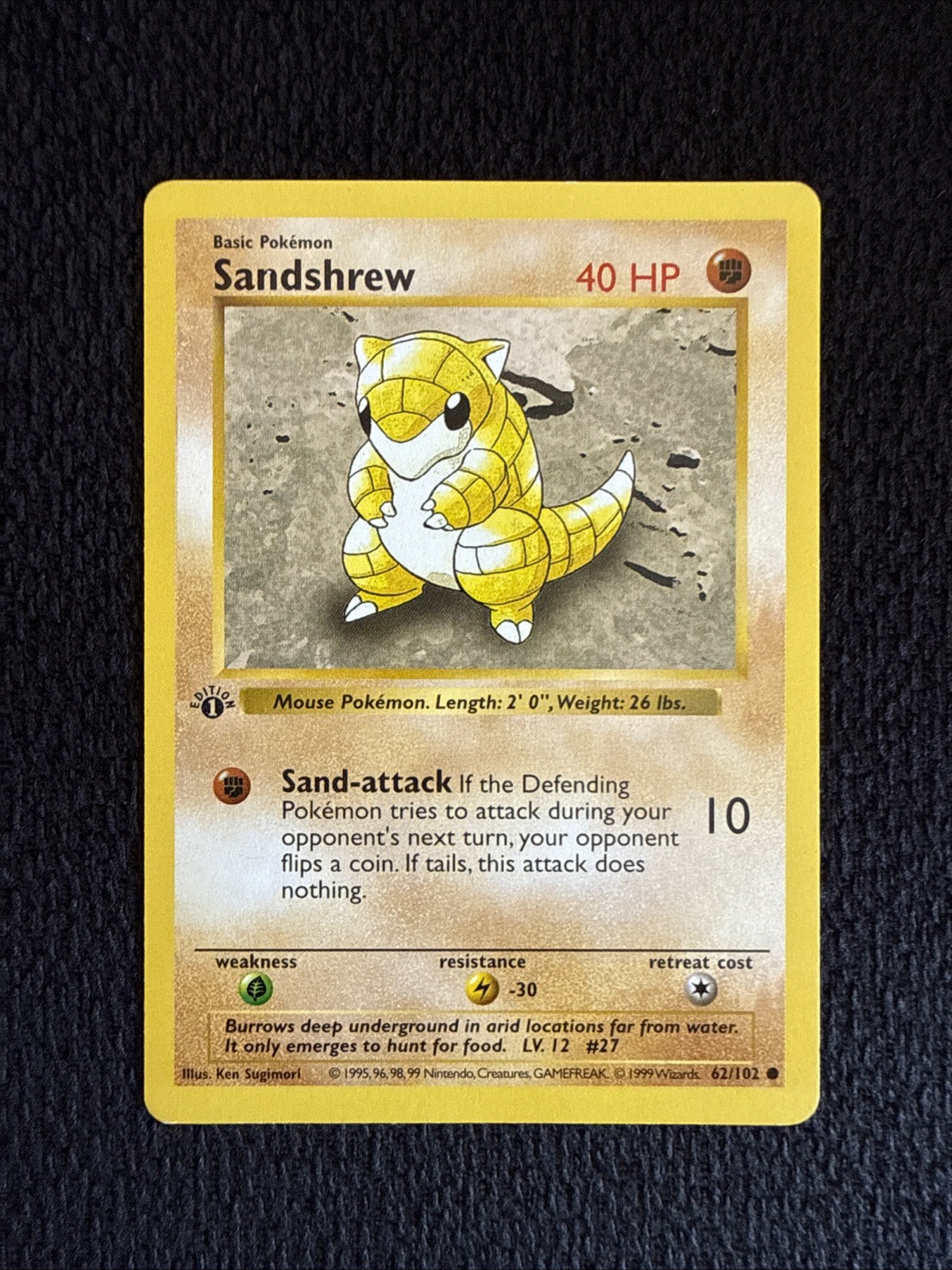 Sandshrew 62/102 Shadowless 1st Edition Base Set Pokemon Card LP