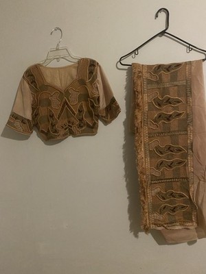 Pure Silk Saree Beige Gold Embroidered Choli Blouse Indian Sari