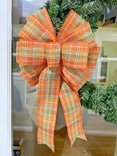 Handmade Woven Fall Plaid Metallic Orange Streak Bow for Wreath Swag Decor