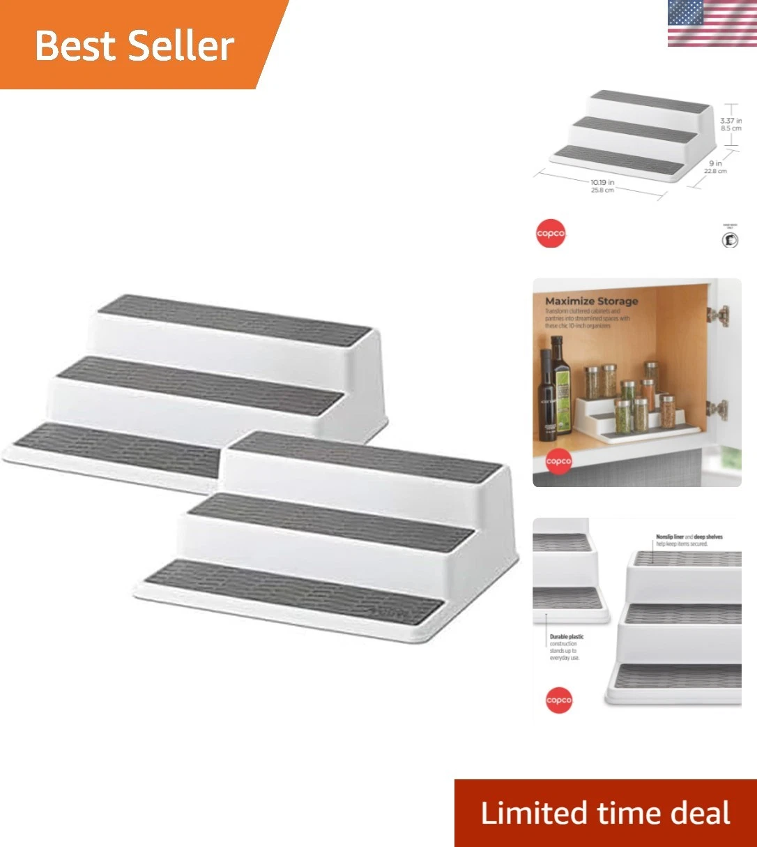 Grey 2 Non-Skid 3-Tier Spice Rack Organizer for Pantry, 2-Pack, 10-Inch