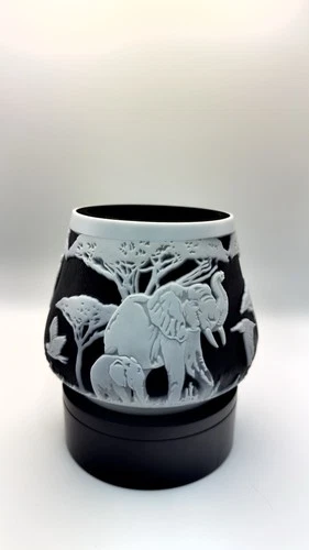 Fenton Sand Carved Cameo Chris Carpenter OOAK Wilderness Scene W/Elephants Birds