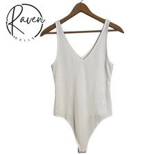 American Eagle White Sleeveless Ribbed Bodysuit V-Neck Casual Top