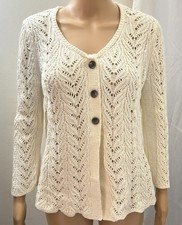 TALBOTS Women's M Cream 3-Button Knit Top Sweater Scalloped Hem 100 Cotton