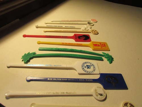 12 Vintage Hawaiian Swizzle Sticks-Hilton-BlueDolphin-Cinerama etc. see descrip.
