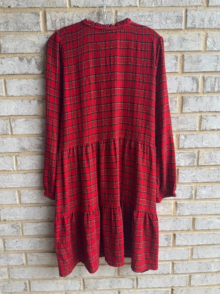 LOFT Long Sleeve Gold Shimmer Ruffle Plaid Dress Women's Size XL - Image 2 of 4