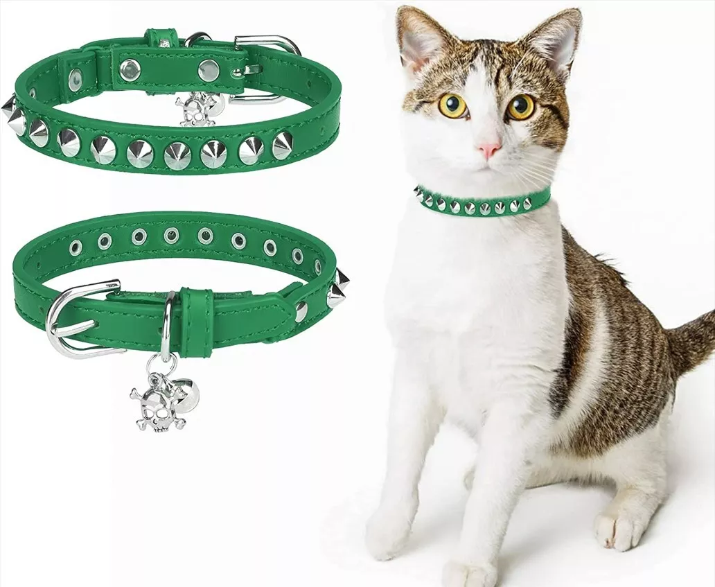 Leather Cat Collar with Bell Safety Elastic Belt Rivets Stud