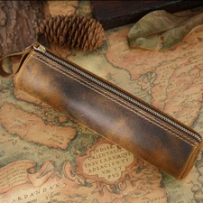 Handmade Cowhide Leather Pen Pencil Zipper Case Stationery Box Pouch Makeup Bag