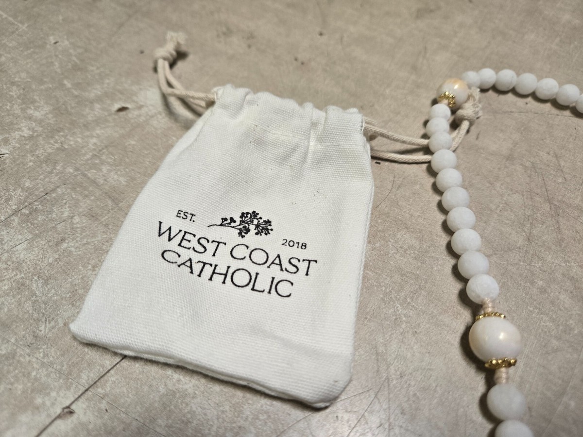 Catholic Rosary Necklace - Cream White Pearl Beads With Gold Plated Crucifix, 26 Inch