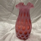 Pink Red Coin Dot Hand Blown Glass Vase Art Glass Ruffled Top Decorative