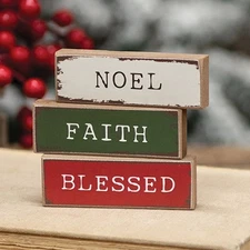 New PRIMITIVE CHRISTMAS SIGNS NOEL FAITH BLESSED Block 3pcs 3"Wx1"H Wood AGED