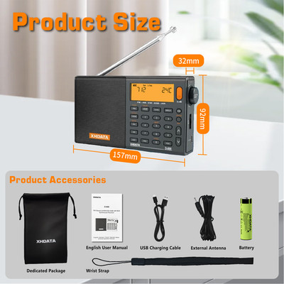 XHDATA D-808 Portable Radio FM AM SW LW Wide FM Air Band Rechargeable Battery US
