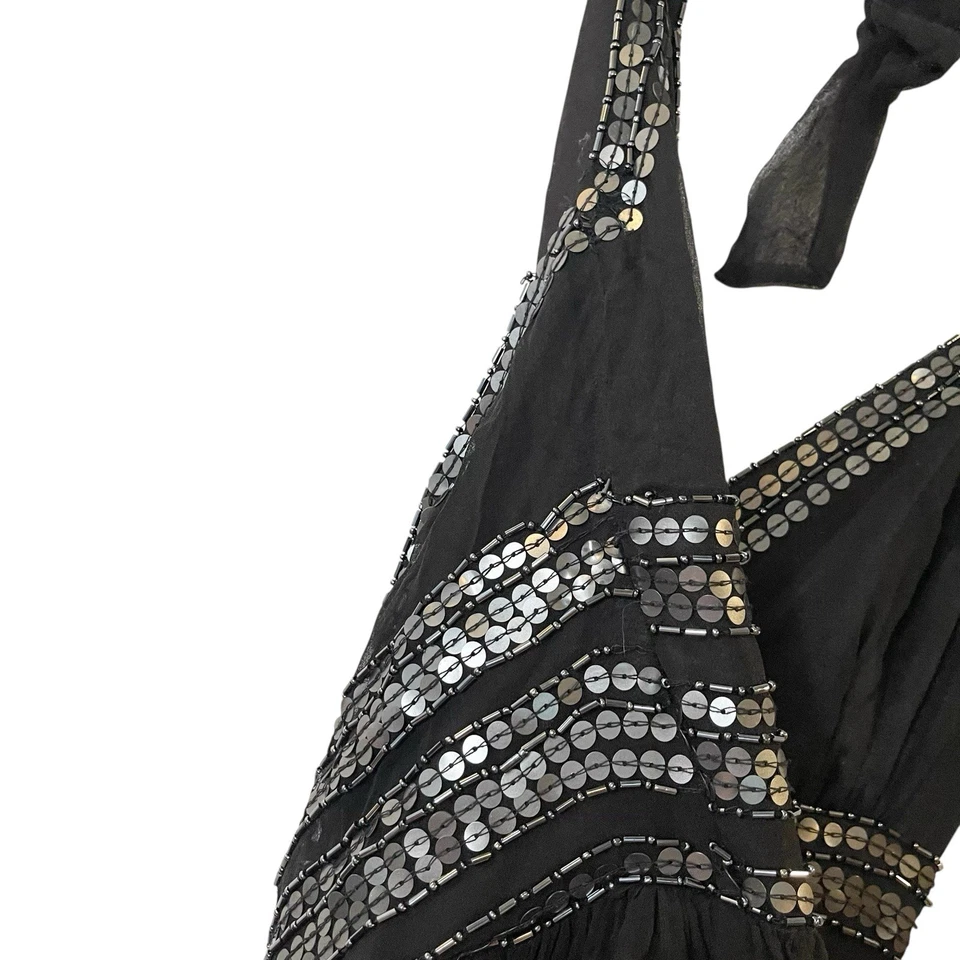 Vintage Beaded Adrianna Papell Evening Sequin 100% Silk Y2K Black Halter Maxi 4 - Image 4 of 4