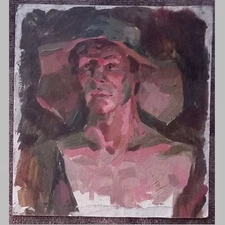 Old Big OIL Hand PAINTING Portrait /Man in Hat in Front of Furnace/ USSR Realism