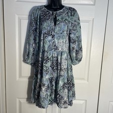 Calvin Klein Patchwork Dress Womens 6 Blue 3/4 Sleeve Boho Tiered Cottagecore