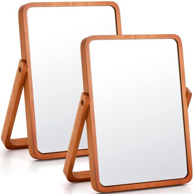 2 Pack Vanity Mirror with Wood Stand, 360 Degree Rotation Makeup Mirror, 10'' ...