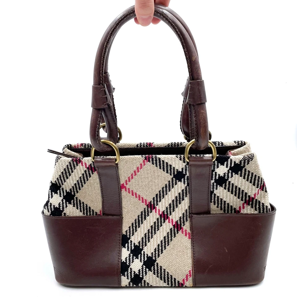 Bolso Cartera Burberry Nova Check Beige Marrón Lana Cuero Doble Asa Foto 4 de 4