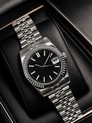 Black Dial Automatic Watch Lume Indices Fluted Bezel Jubilee Steel Date 36 mm