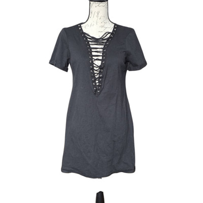 Moa Moa Women's Size Medium Black Lace Up Front Shirt Dress