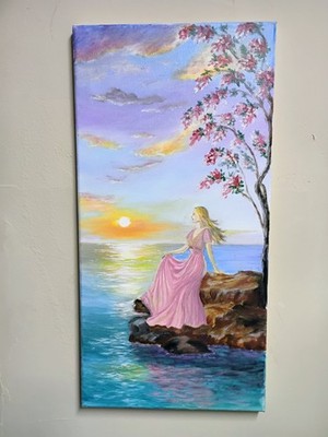 Art 10''/20'' Original oil painting,  At sunset by the ocean . Stretched Canvas