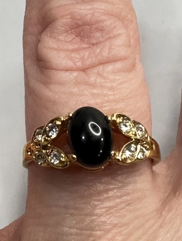 复古女式玛瑙桂冠戒指金色水钻椭圆形凸圆形 8 码 — 第 4/4 张图片