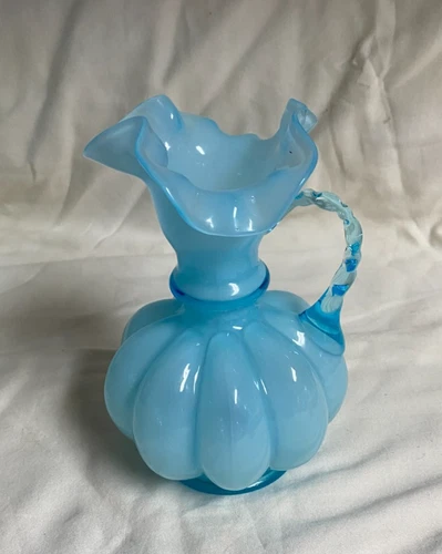 Vintage Unmarked Fenton Glass Pitcher Light Blue Ruffled Melon Shape  6" Tall