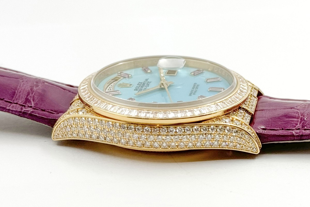 Rolex Day-Date 128458TBR 18k Yellow Gold Diamond Purple Strap
