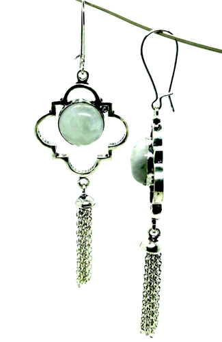 Natural White Moonstone Silver Gothic Chain Dangles Earrings (551H) - Picture 3 of 9