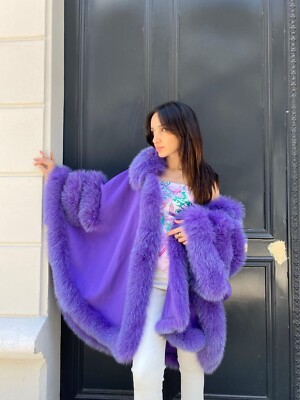 Poncho Purple Cape Fox Fur Womens Cashmere Overcoat Cloak Handmade Standard Size