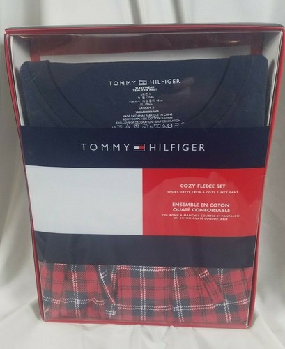Tommy Hilfiger 2 Pc Sleep Set S Solid Navy Top & Red Plaid Fleece Bottom PJs - Picture 2 of 4
