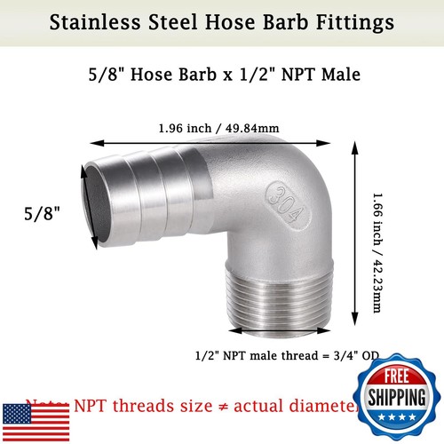 304 Stainless Steel Hose Barb Fitting, 5/8" Hose Barb to 1/2" NPT Male 90 Deg - Picture 2 of 5