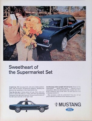 Print Ad 1967 Blue 2 Door Ford Mustang Woman Skirt Bobby Socks Groceries Flowers