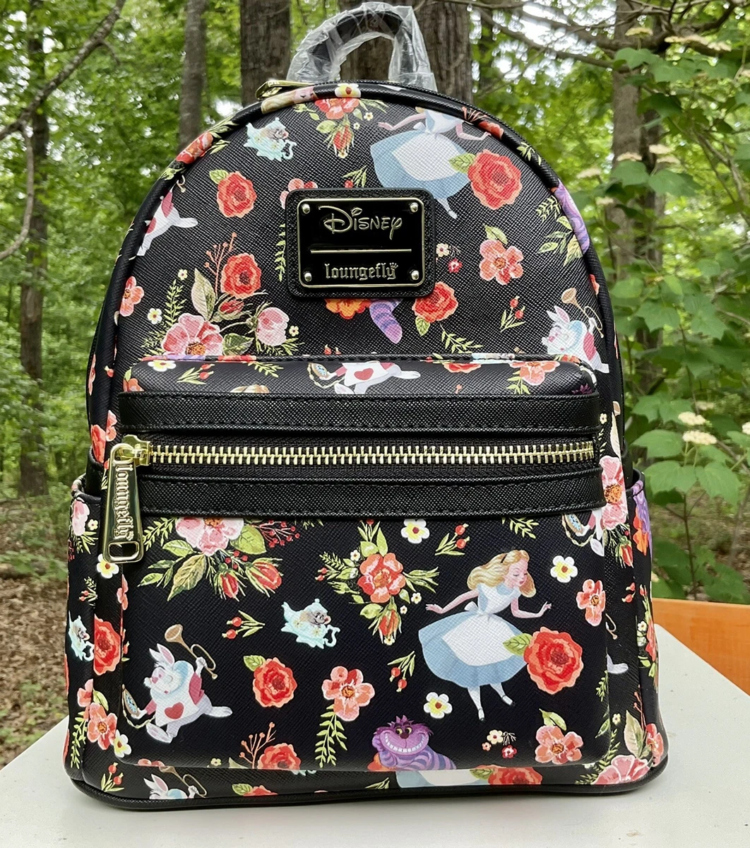 Loungefly NWT Disney Cheshire Alice in Wonderland Black Floral Mini  Backpack AOP