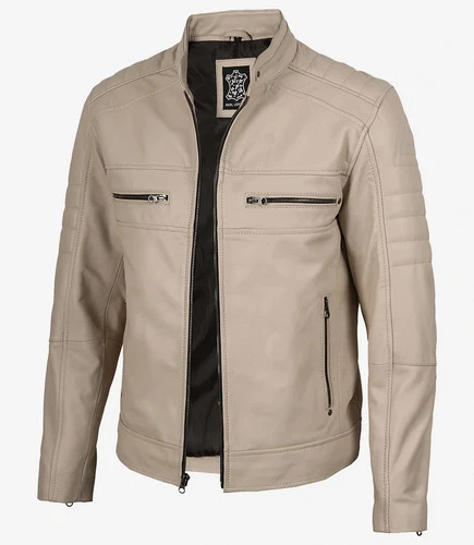 Mens Beige Colour Racer Real Leather Jacket - product listing photo