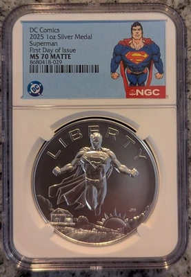 2025 Silver Superman DC Comics 1 oz Matte Medal NGC MS70 First Day Of Issue - Image 1 of 4