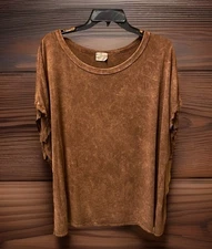 Blue Buttercup Acid Wash Raw Sleeve Top Brown Oversized Sz L Rayon Spandex Boho