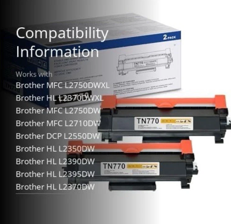 Cartucho de tóner negro súper alto rendimiento 2pk para Brother TN770 TOTALMENTE NUEVO Foto 3 de 4