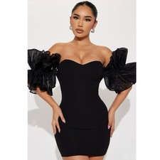 Black Ruched Bodycon Mini Dress Sweetheart Organza Ruffle Sleeves Size Small