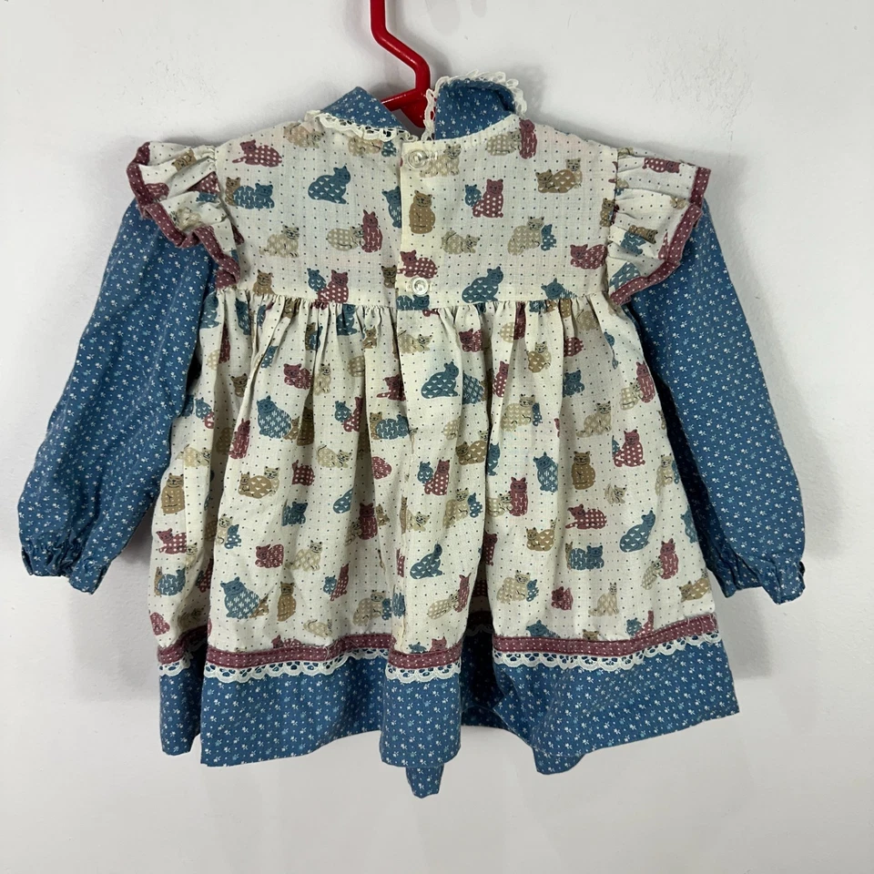 Vintage Baby Dress 12M Cat Print Prairie Cottagecore Ruffle Kitten Lace Trim - Image 2 of 4