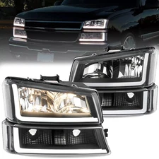 Black Headlights Bumper Lamps Fit For 03-07 Chevy Silverado Avalanche w/ LED DRL