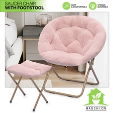 Folding Saucer Cozy Chair Pink Metal Frame Faux Fur Moon Lounge Chair w/Ottoman