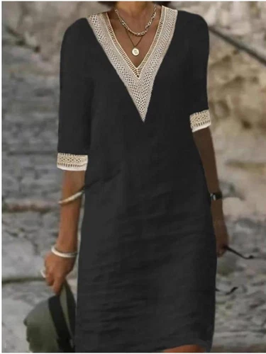 Mujeres Vestido Solero Cuello en V Algodón Lino Midi Damas Verano Informal Manga Corta - Imagen 5 de 29