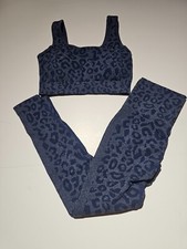 Women Yoga Trendy Leopard Print Wide Waistband Sports Set Blue Size S NEW