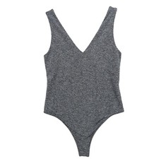 VUORI Halo Dreamknit Bodysuit Heather Gray Plunge Nekckline Thong Stretch LARGE