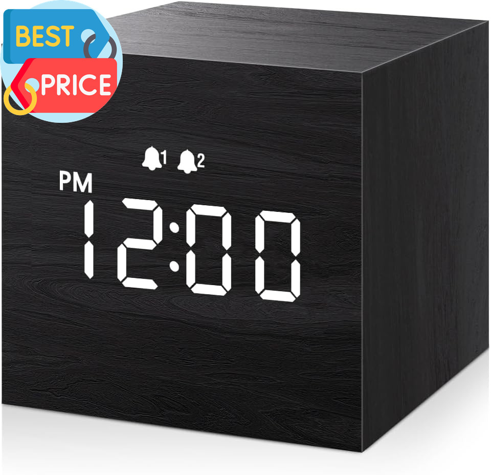 Digital Alarm Clock, with Wooden Electronic LED Time Display, Dual Alarm, 2.5-In