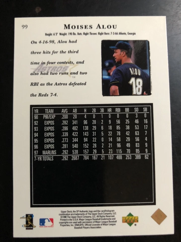 1998 SP Authentic #99 Astros Moses Alou Baseball Card - Image 2 of 2