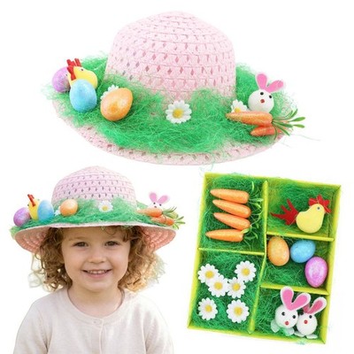 DIY Ostern Haube Kit Kinder Schule Parade Set Rosa Strohhut Hasen & Küken