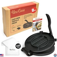 Uno Casa 8-Inch Cast Iron Tortilla Press - Pre-Seasoned Roti Maker + 100 Papers