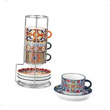  Stackable Espresso Cups with Saucers and Metal Stand Set of 2.5 Oz Bohemian