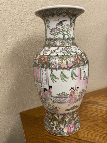 Große Vintage chinesische Porzellan handbemalte Bodenvase 16" hoch MCM Blumen Vögel - Bild 3 von 9